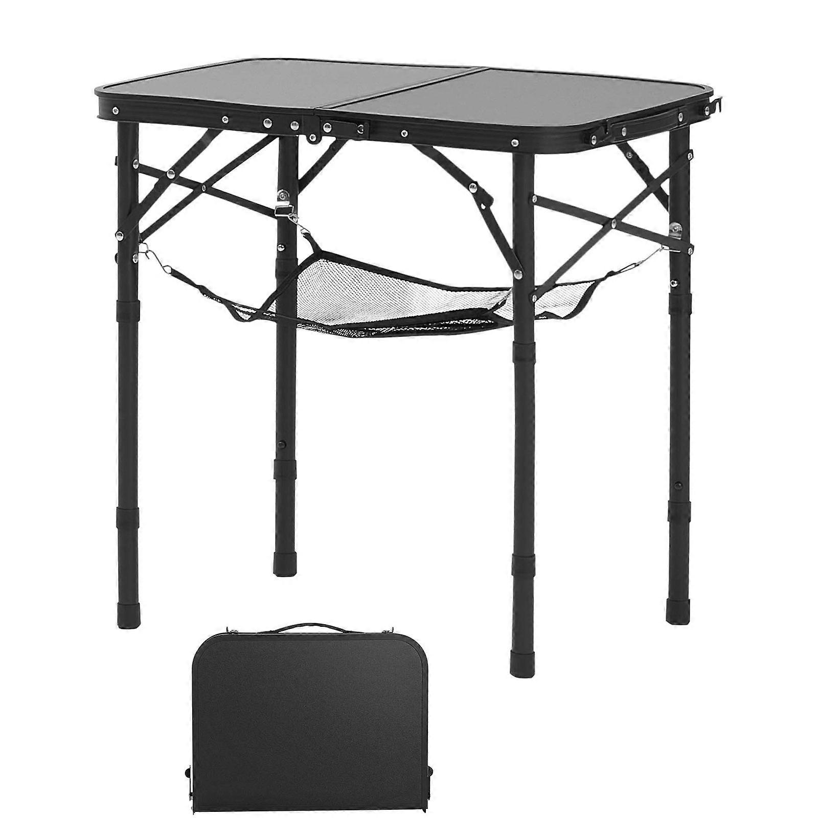Folding Camping Table, Adjustable Height Portable Side Tables, Aluminum MDF Beach Table with Mesh Layer, Handle, 24x16in, Black