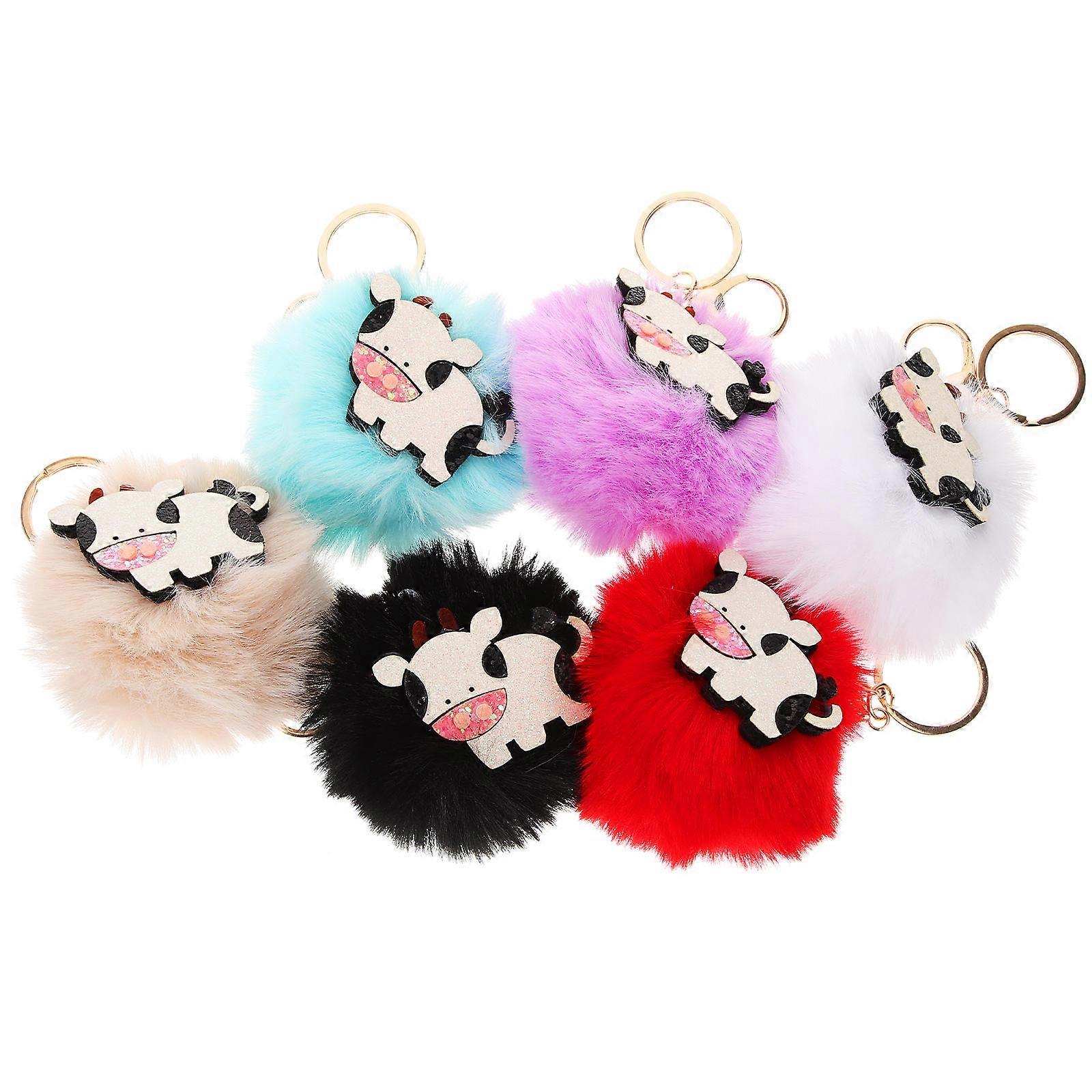 Assorted Color Cow Shape Keychain for Decor with 6Pcs Plush Ball Bag Key Rings