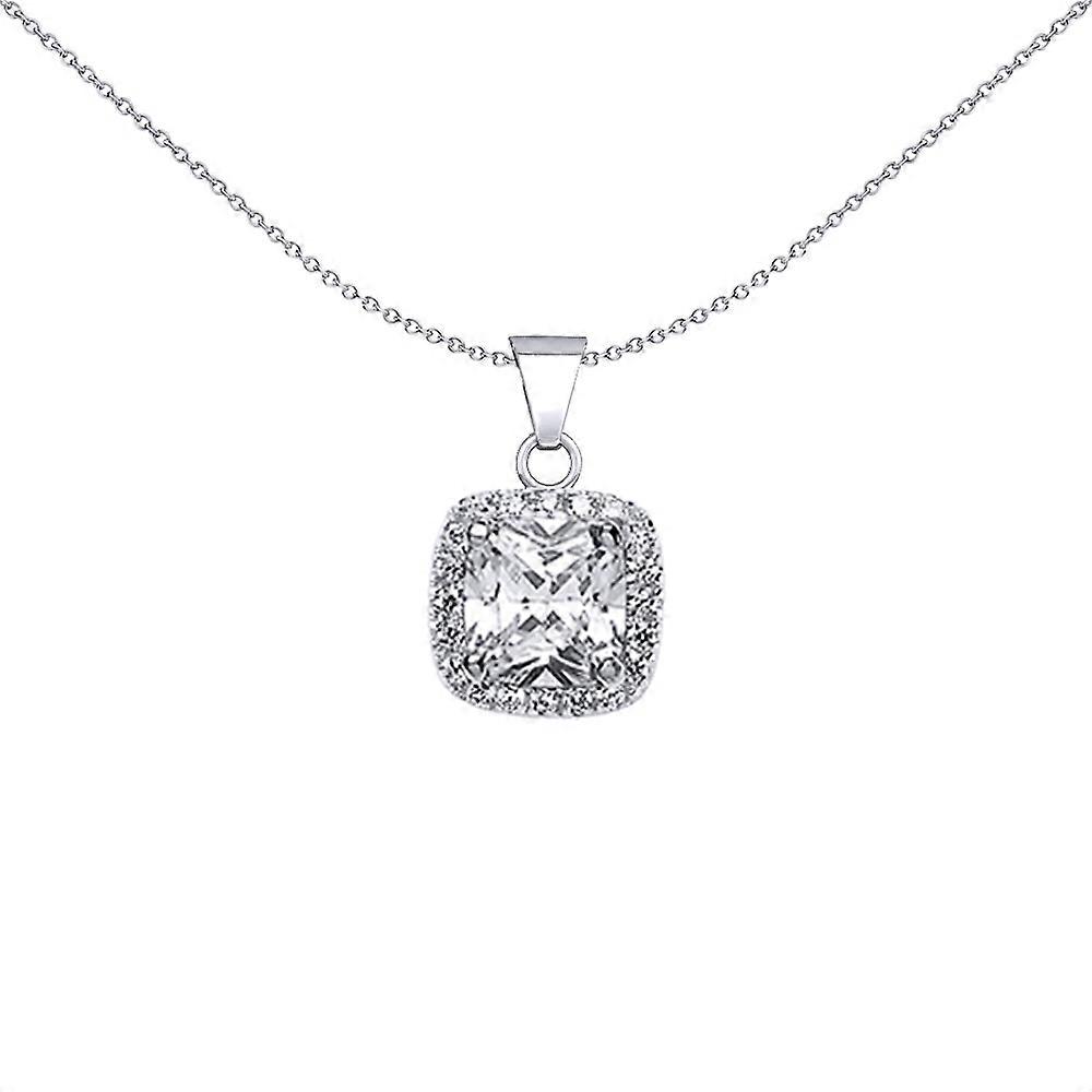 Jewelco London 女士纯银垫形立方氧化锆光环簇吊坠项链 18 英寸