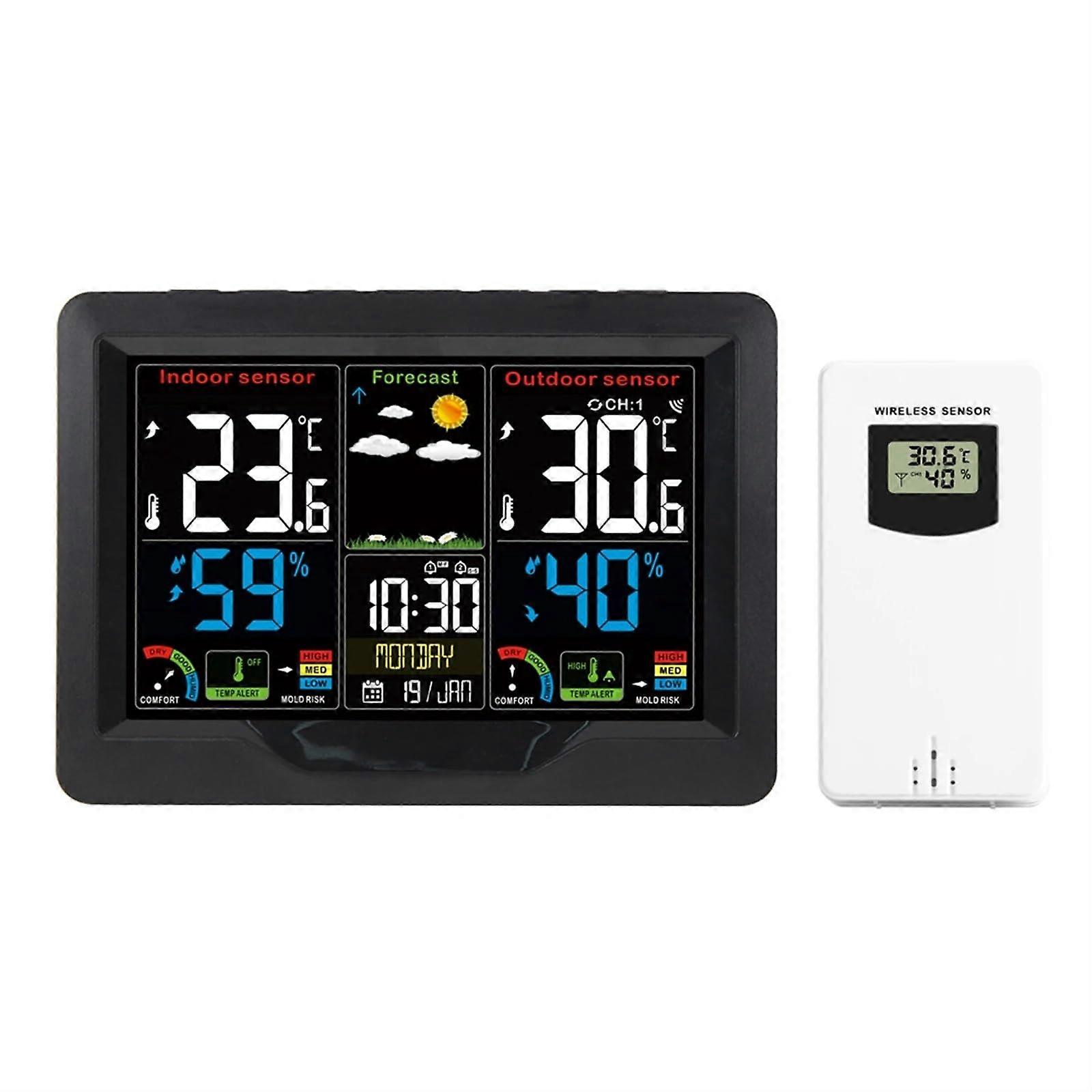 Digital Weather Station Clock Indoor Outdoor Temperature And Humidity Meter Weather Forecast Wireless Table Clock Nero