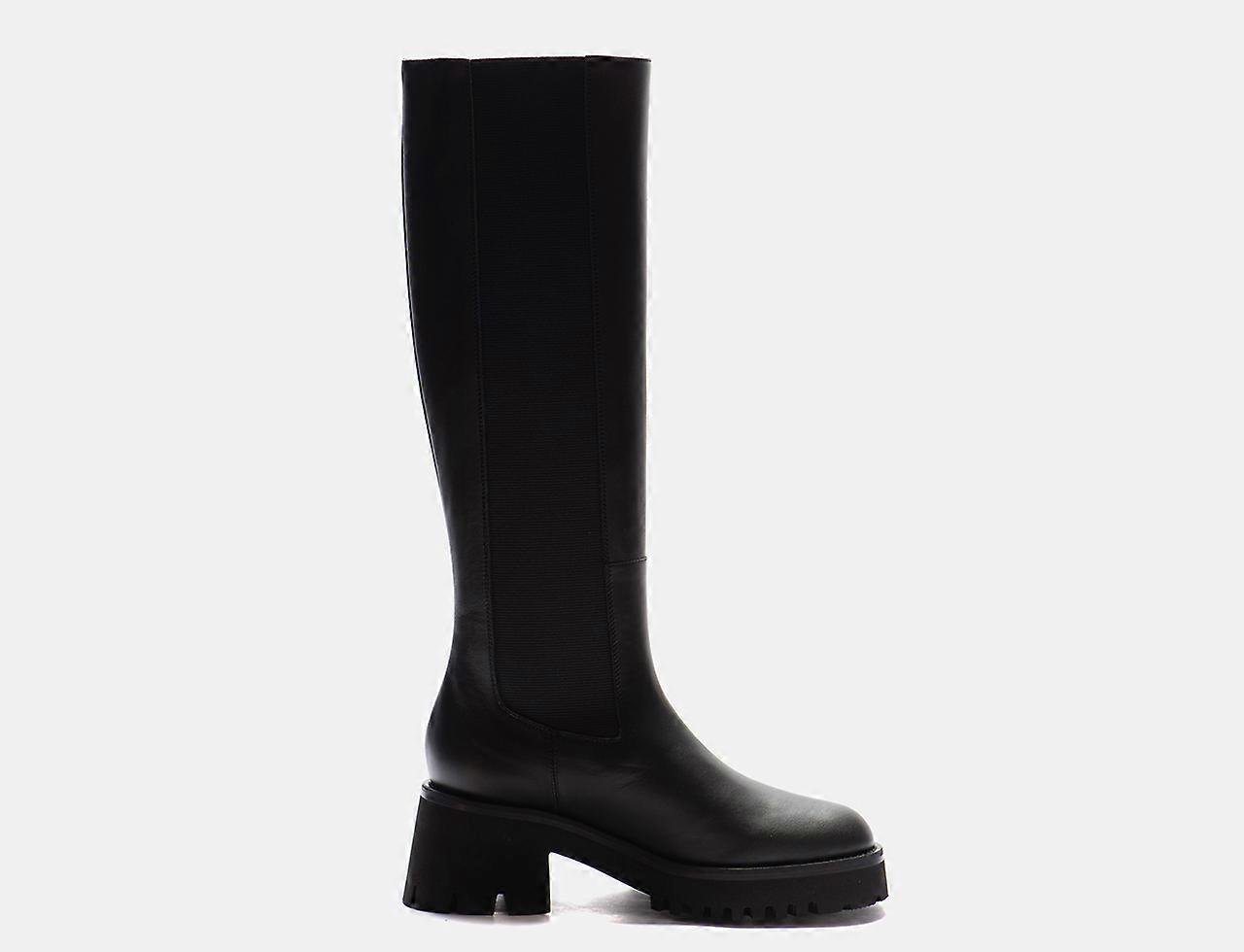 Via Della Paglia - Dina Black Calfskin Knee Boot with Side Elasticized Inserts and Carrarmato Rubber Sole