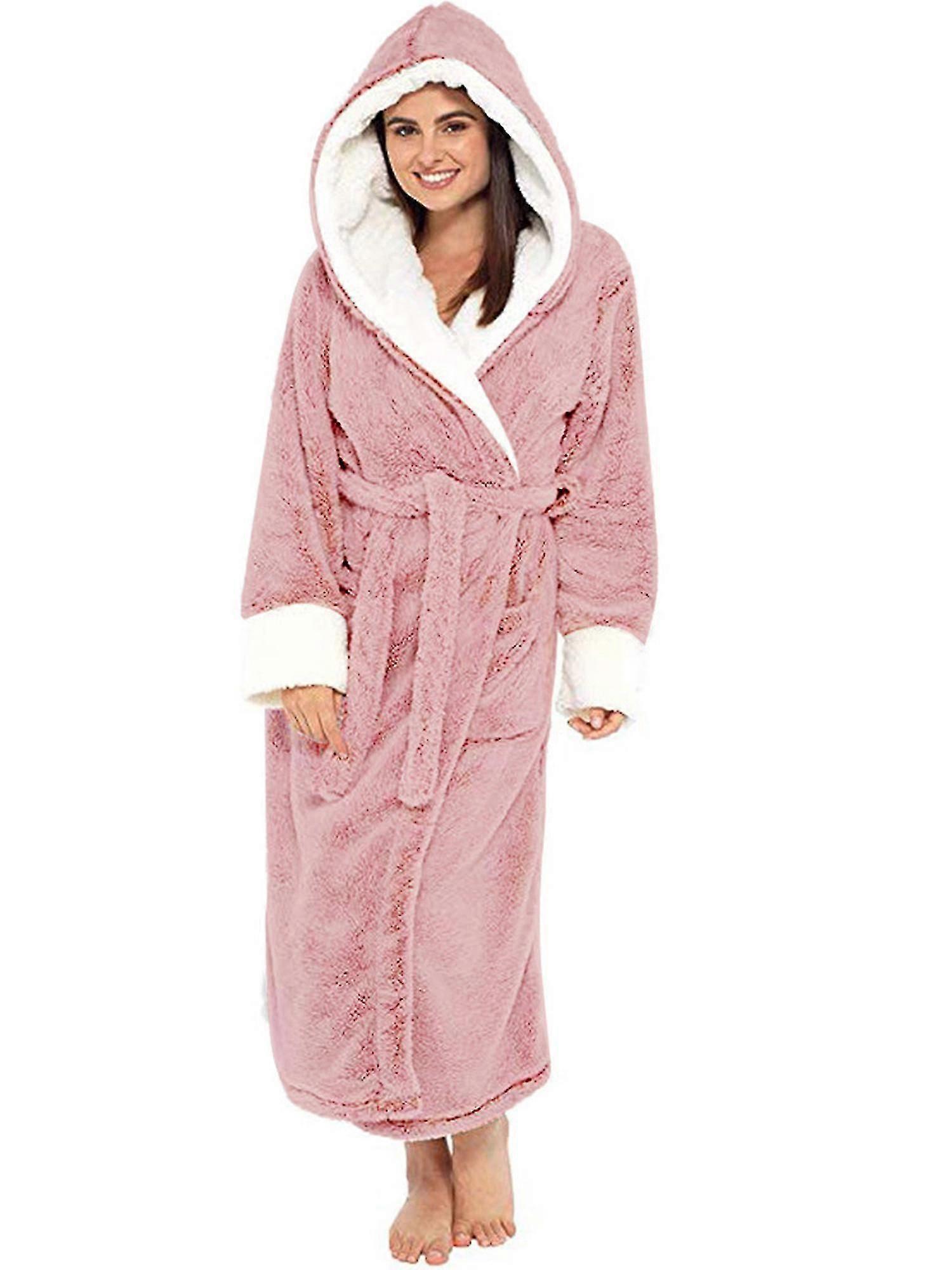 女性用シェルパフリースバスローブ ソフトドレッシングガウン フード付き ふわふわタオル地バスローブ