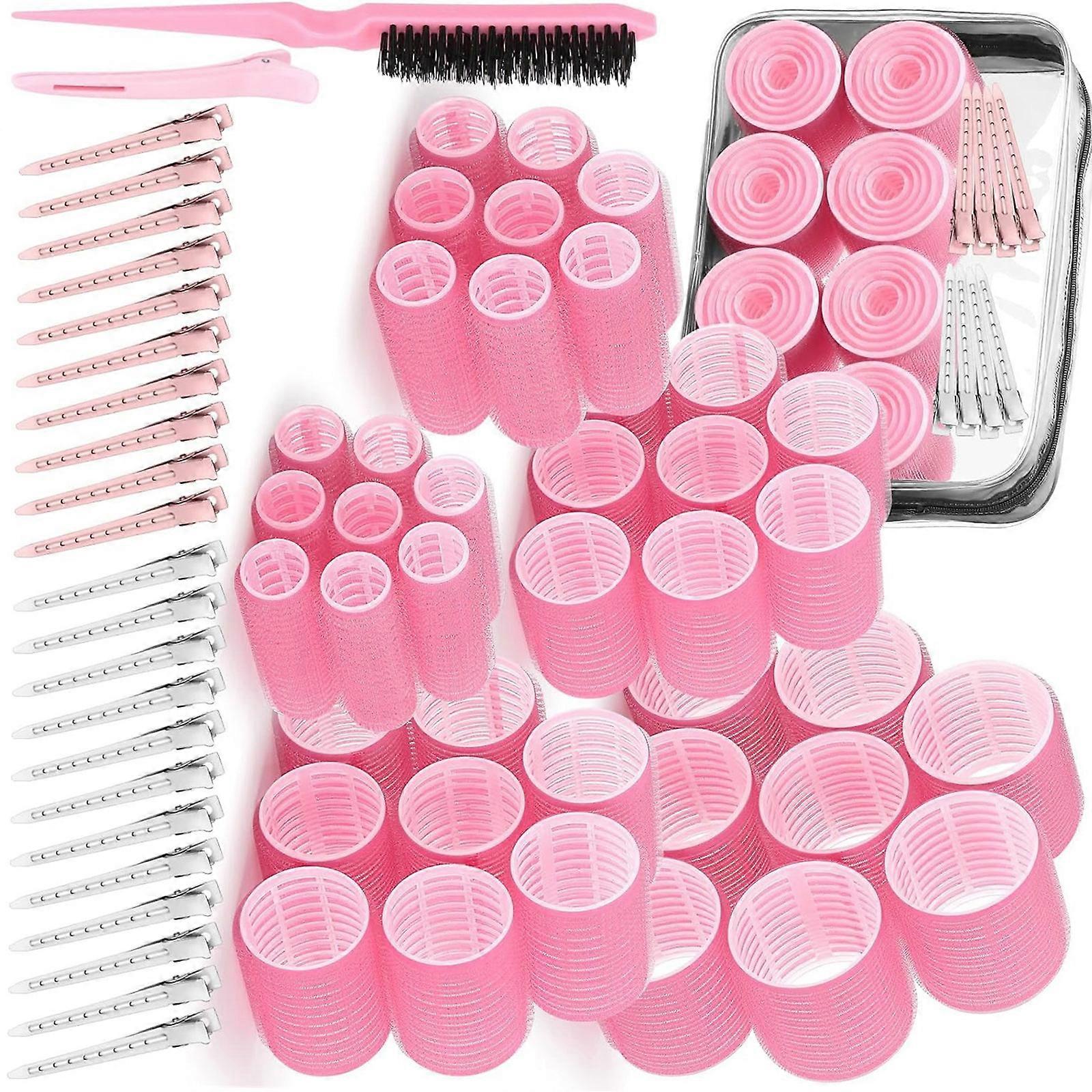 65Pcs Curling Rollers with Clip for Effortless Volumes Reusable Plastic Styling Tools with Portable Storage Pouch  Pink