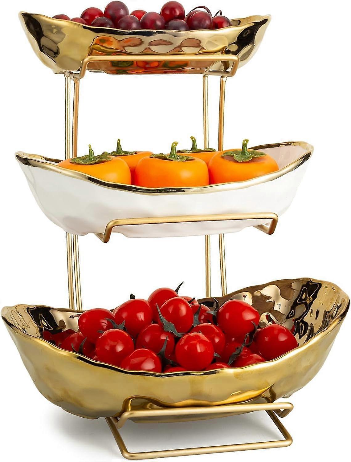 Elegant Three Tier Ceramic Fruit Bowl Stand for Kitchen Countertop Display and Storage