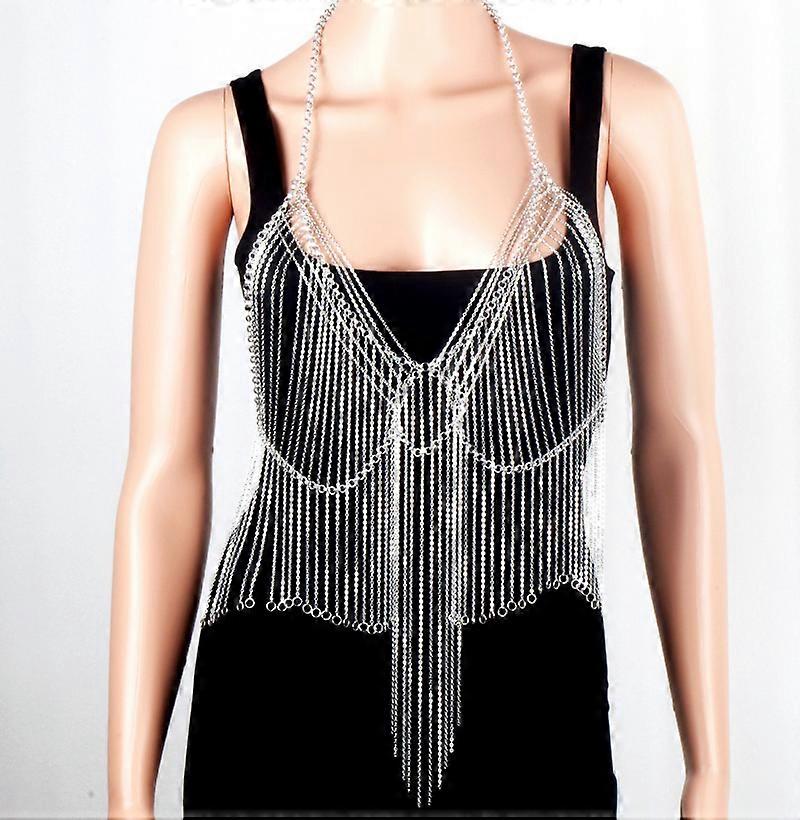 Elegant Women Silver Tassels Full Body Chain Sexy Bikini Dainty Body Necklace Beach Jewelry