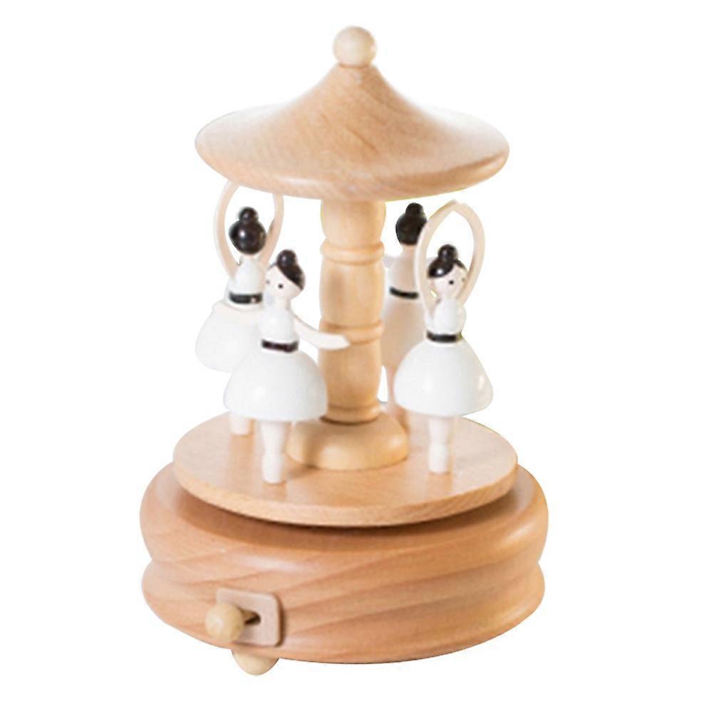Music Boxes Wooden Carousel for Furnishing with Hand-Cranked Rotation