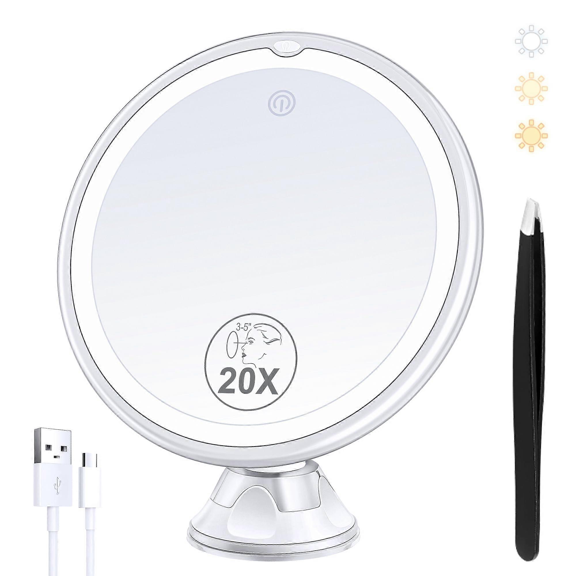 20X Lighted Makeup Mirror with LED, Rechargeable Magnifying Vanity Mirror 3 Color Lighting, 360° Rotation, Suction Mount