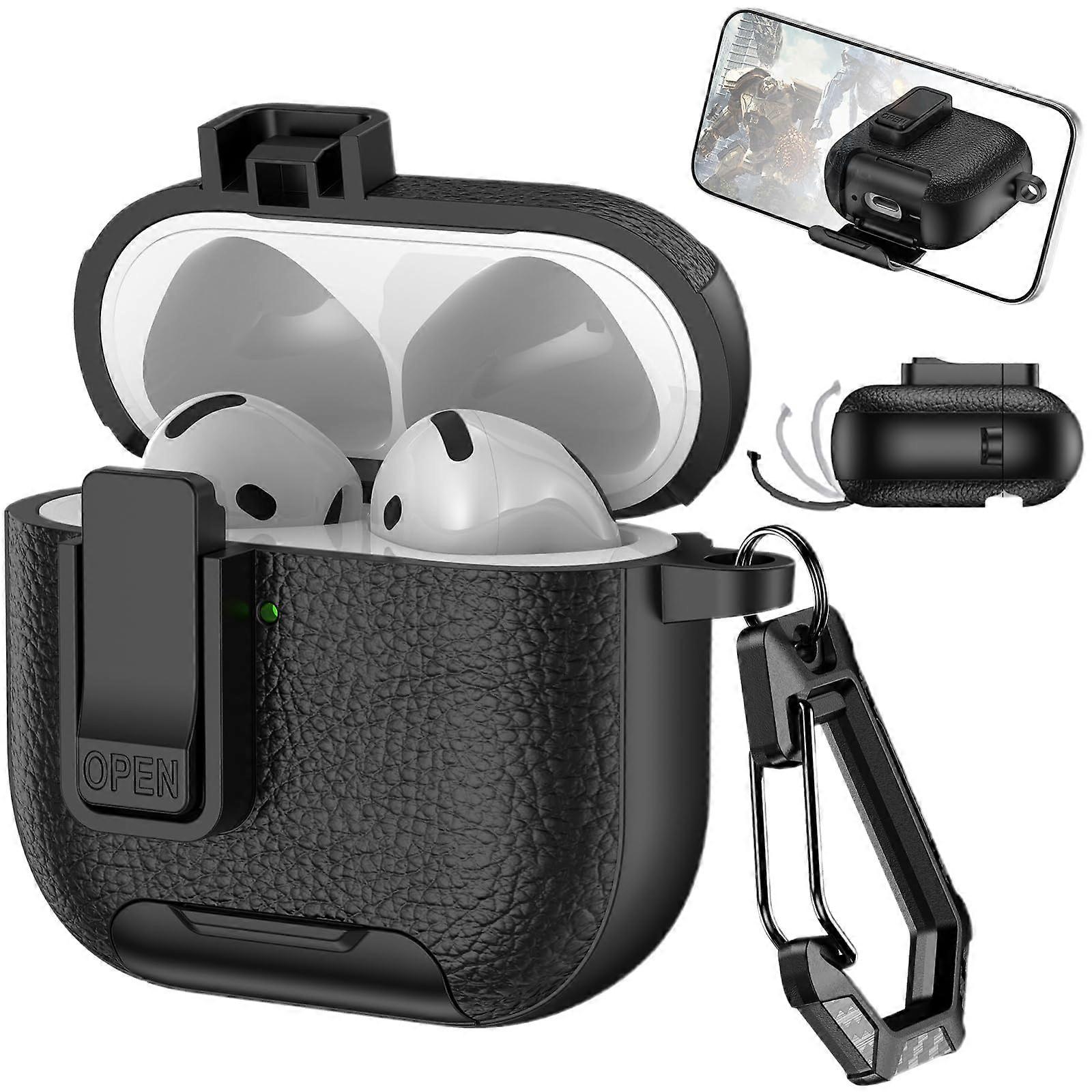 2024 Case for AirPods 4 Compatible with Locking Clip and Stand, Shockproof Leather Texture Cover with Carabiner Keychain, Black