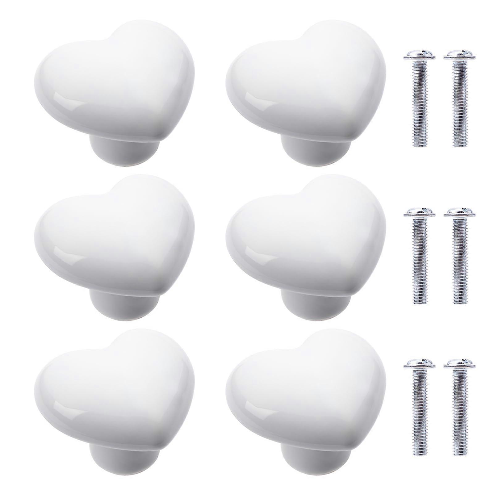 6Pcs White Ceramic Cabinet Knobs Heart Shaped Drawer Pulls for Kids Room Dresser and Cupboard