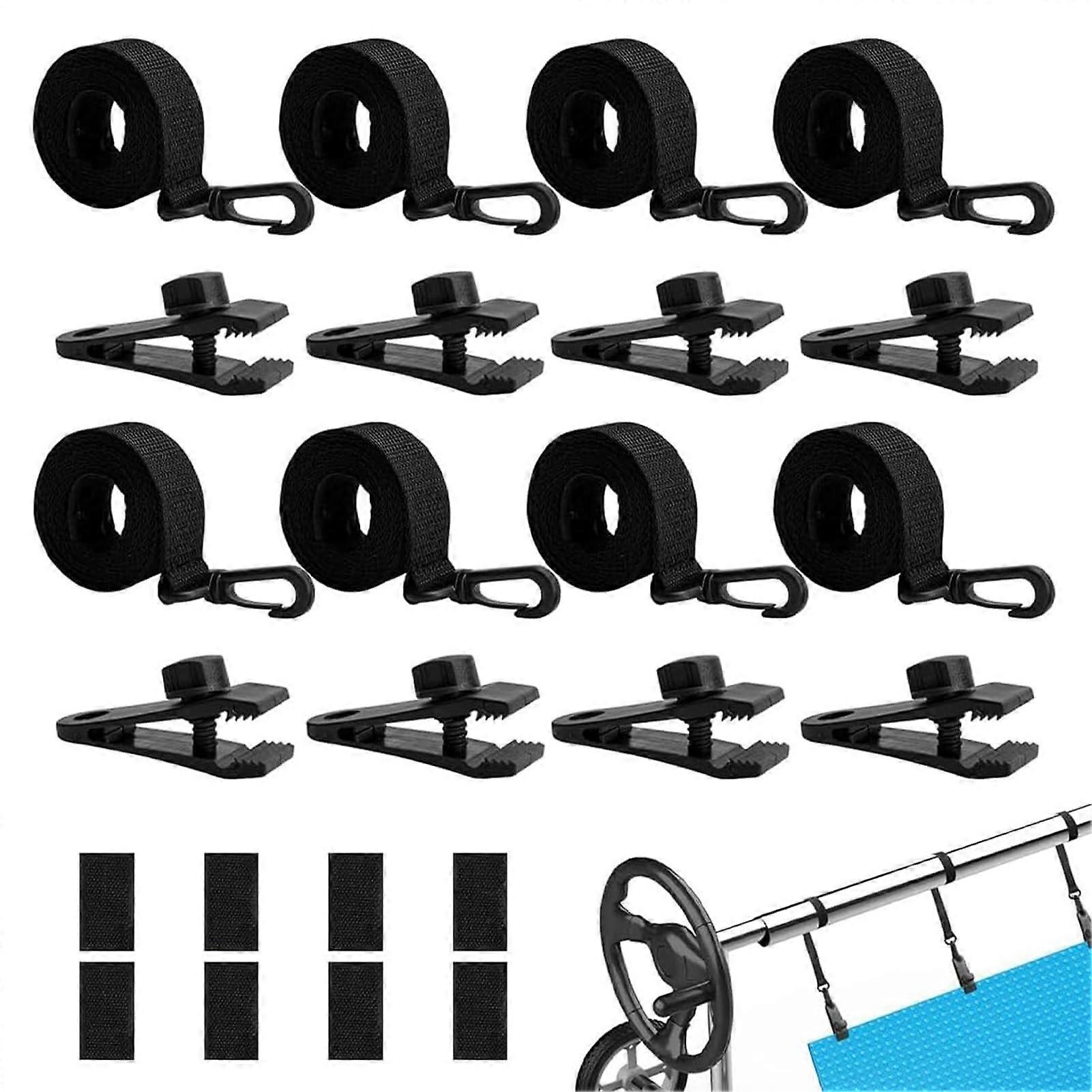Solar Pool Cover Reel Straps and Attachment Kit with Secure Hook Clips, Durable Weatherproof Design