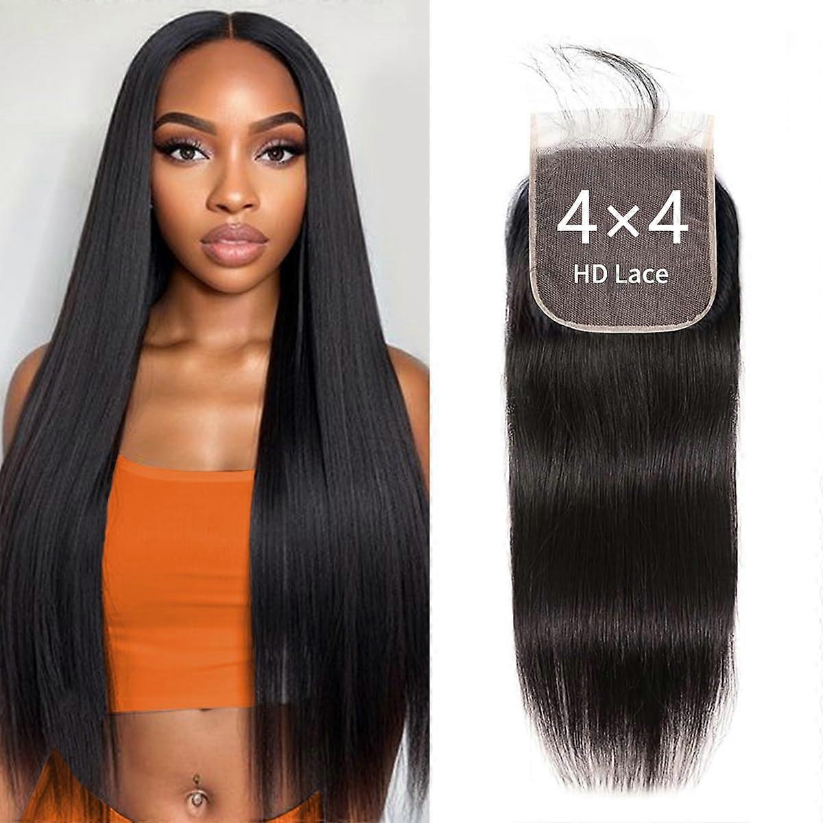 Fecho de renda HD 4x4 com cabelo virgem brasileiro de 40 cm (16 polegadas), liso, pré-desbastado e com linha capilar natural.