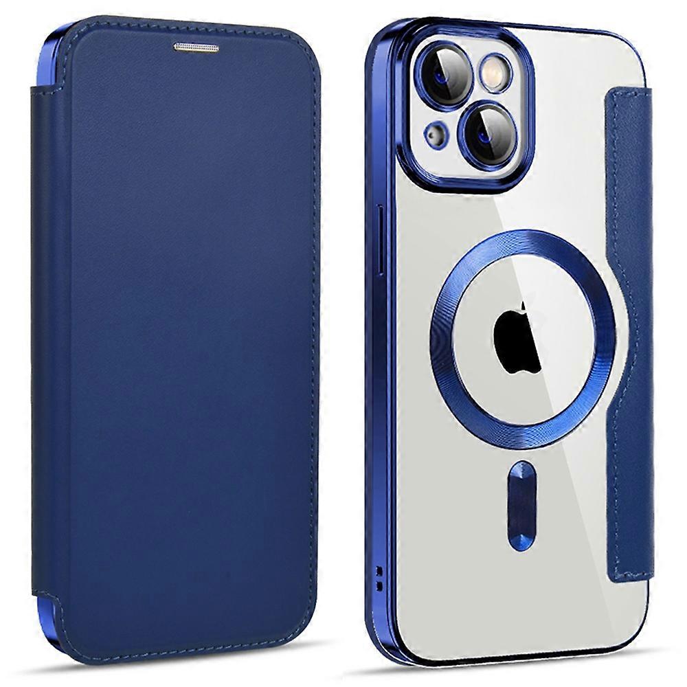 For iPhone 14 Compatible with MagSafe RFID Blocking Card Slots PU Leather+TPU Electroplating Clear B