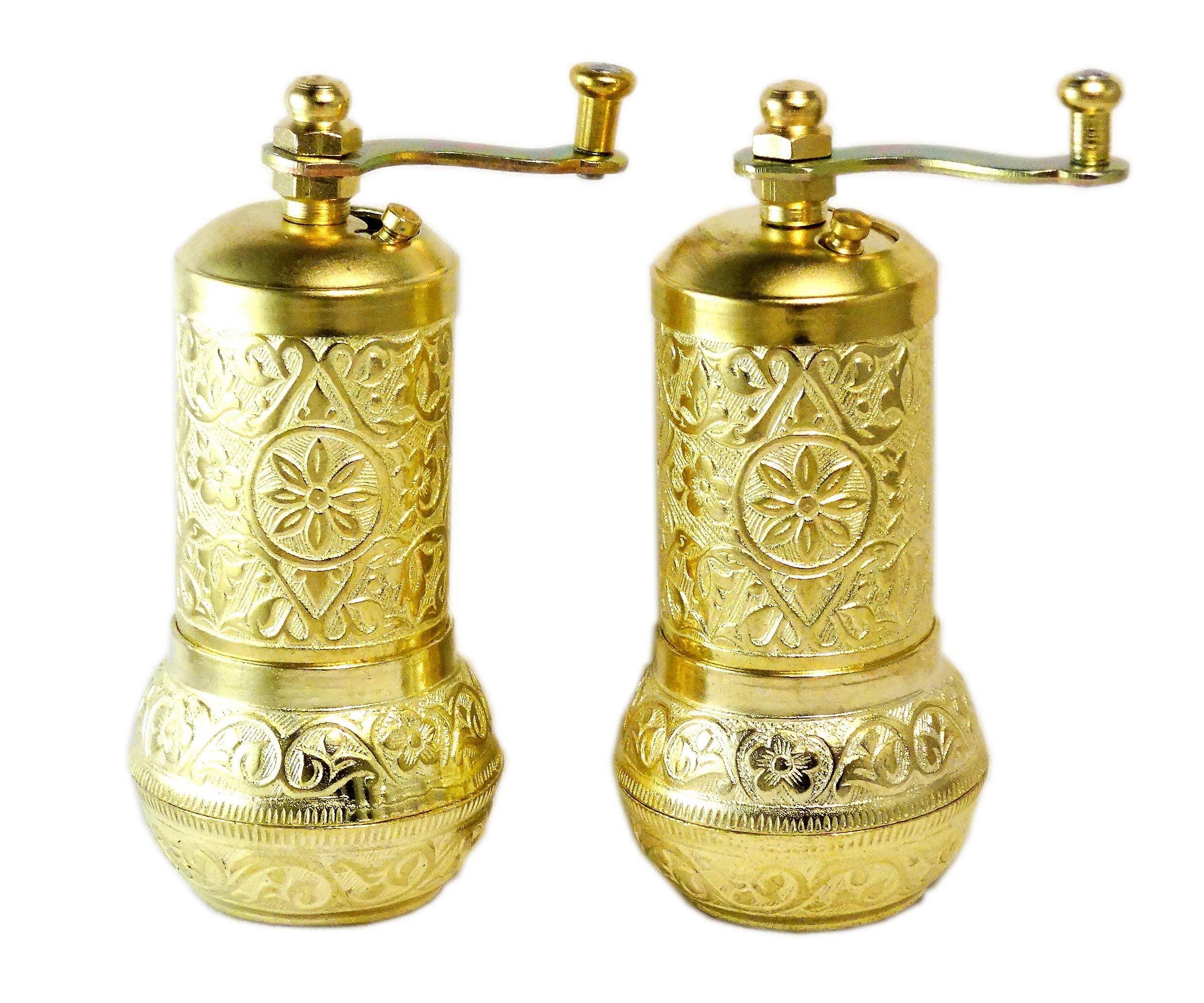 Turkish Spice Grinder 2 Pack Brass Manual Pepper Mill with Smooth Grinding and Authentic Design