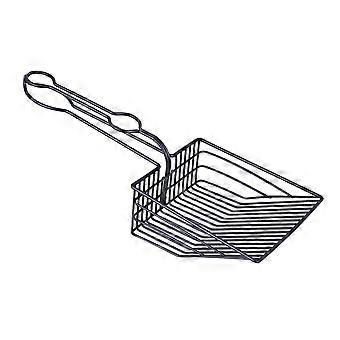 Metalen kattenbakschepje voor het schoonmaken van kattenbakvulling, met zwart handvat.
