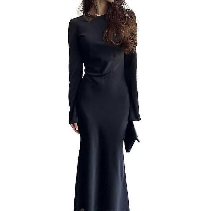 Femei satin moda Slim Maxi rochie cu mânecă lungă talie înaltă elegant solid rochie