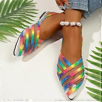 Willtoo Stripe Mesh Sandals for Women, Pointed Toe Fishnet Metallic Slingback Summer Flats Shoes