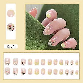 French Bright Yellow Tips False Nails Tulip Pattern Translucent False Nail
