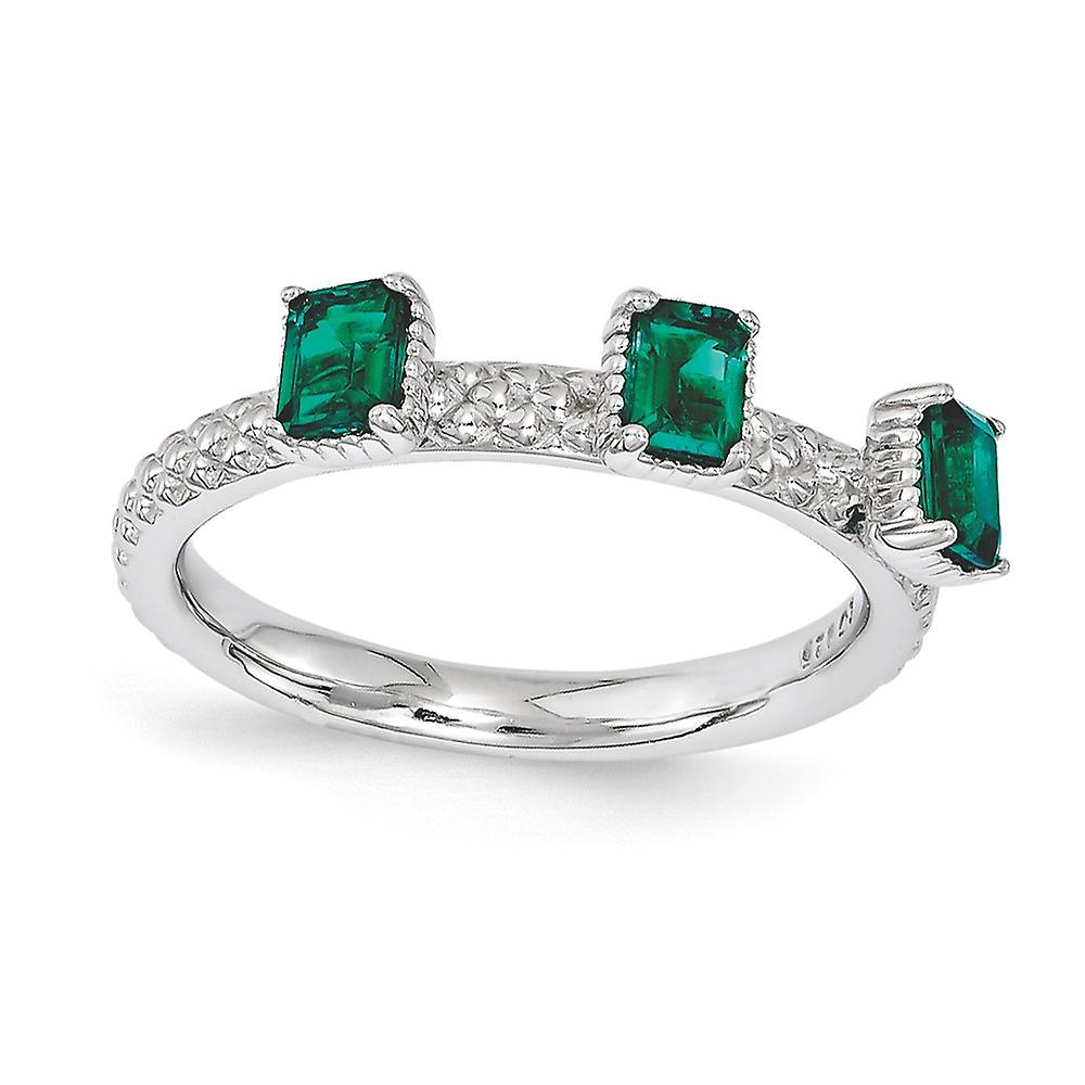 2.5mm 925 Sterling Silver Polished Prong set Stackable Created Emerald Three Stone Ring-Stackable-Ring for Women - Ring