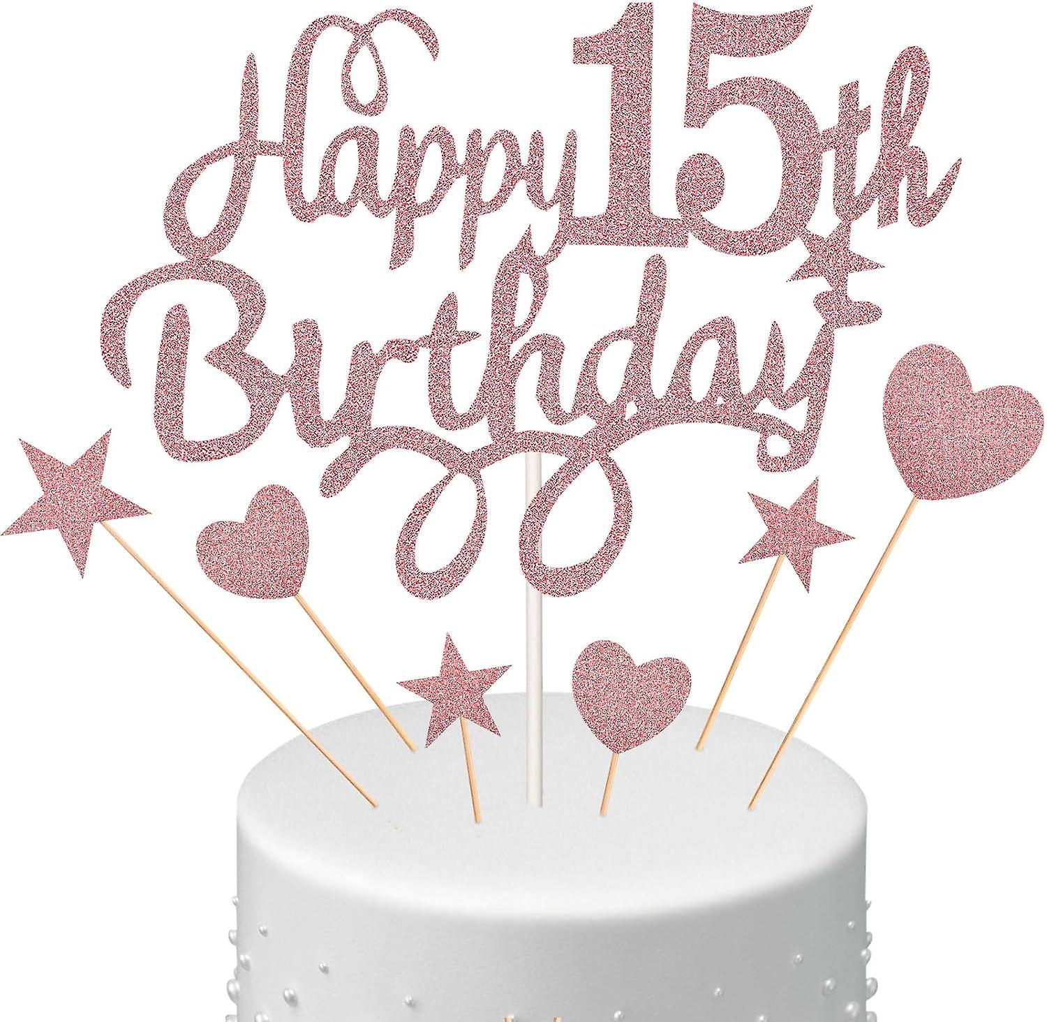 15th Birthday Cake Topper Set - Decoración de brillo de oro rosa