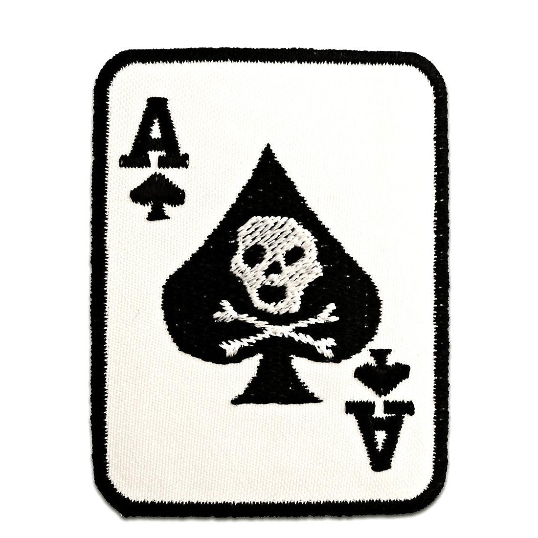 Patch / Iron-on Patch - Poker Ace Card Skull Biker - White - 6cm x 7.5cm Patch