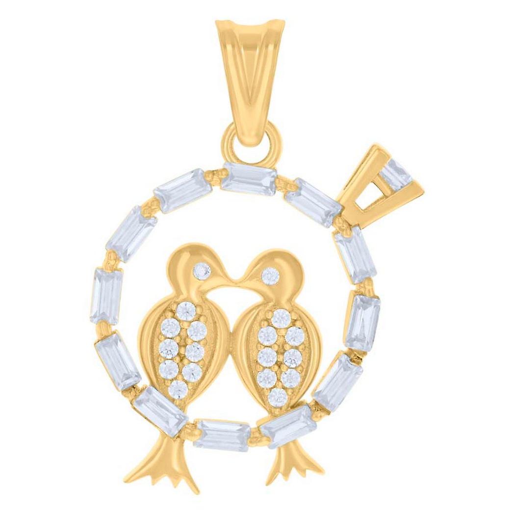 14k Yellow Gold Women Baguette Round CZ Simulated Diamond Love Bird Charm Pendant Necklace 25.9x17mm Wide-Pendant for-Wo