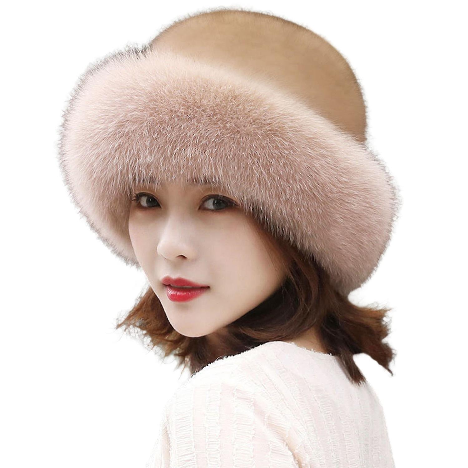 Plush Brim Warm Fisherman Cap Solid Soft Thickened Faux Mink Fur Basin Hat for Daily Life OuZhan