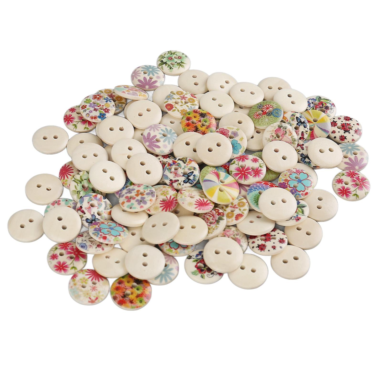 100pcs 1.5cm Mixed Printed Wooden Buttons for DIY Crafts Round Decorative Sewing Crafts Colorful Flower