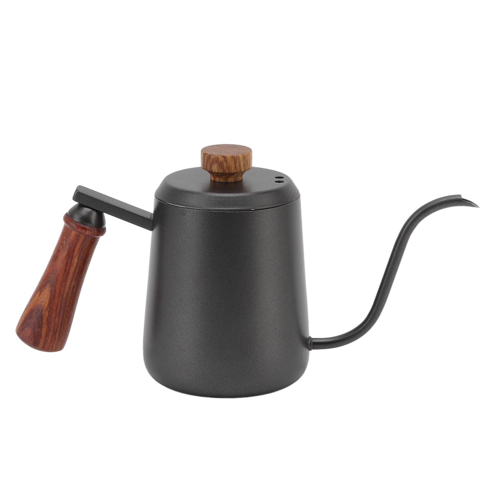 Stainless Steel Coffee Pot with Wooden Handle Long Mouth Rust Proof Polished Surface Smooth Portable for Kitchen Black 350ml