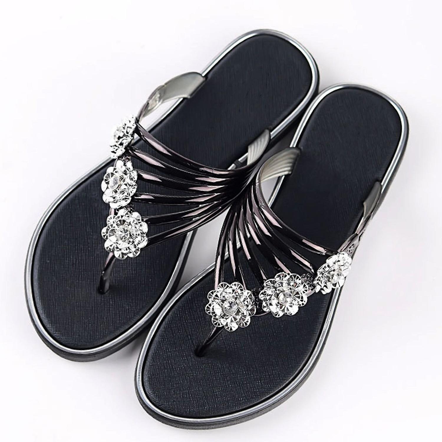 Women’s Sparkle Rhinestones Flat Flip-flops Casual Slip-on Lightweight Comfortable Summer Beach Thon