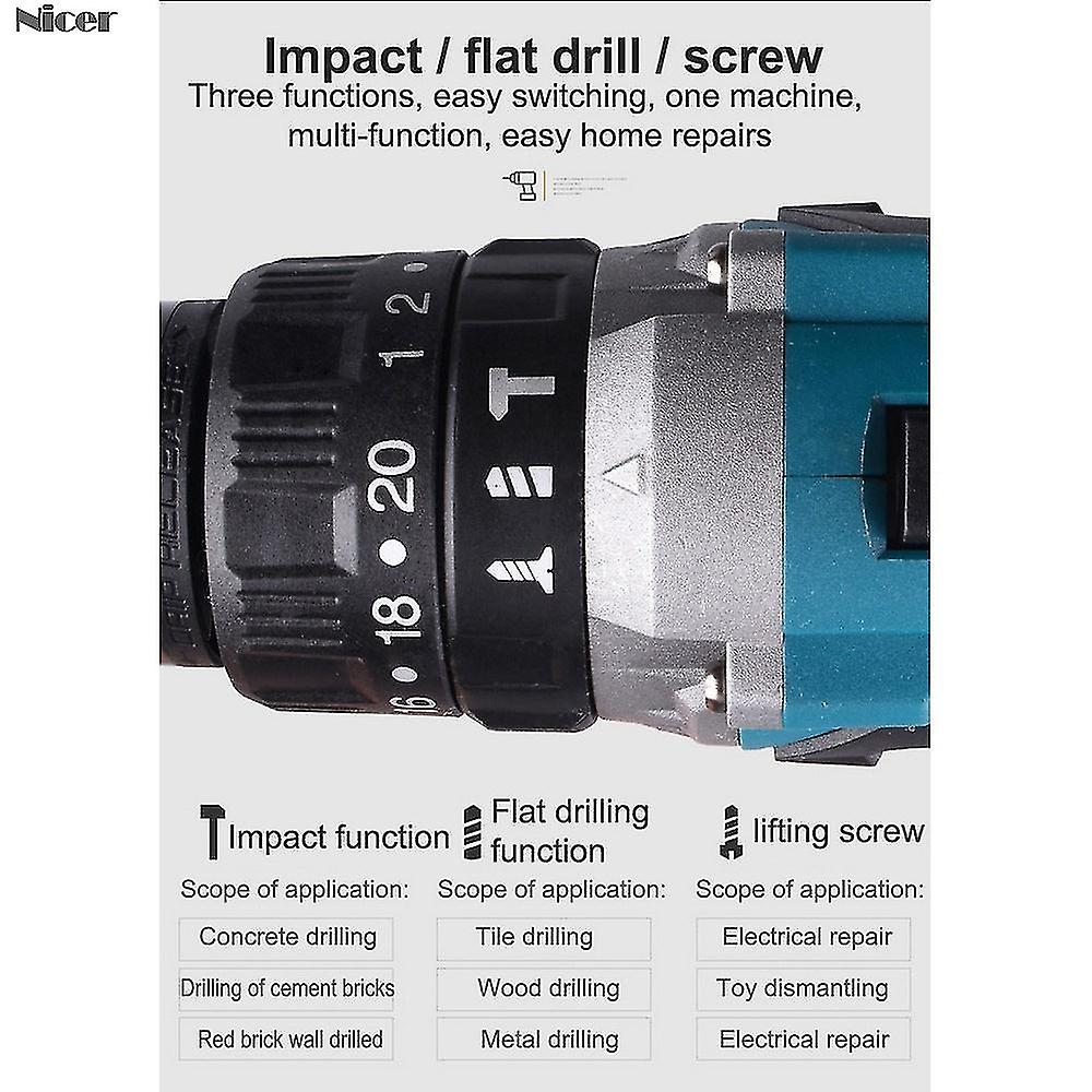 3 In 1 198vf Cordless Electric Drill Impact/flat Drill/lifting Screw Function Brushless Drill Rechargeable Battery Power Tools