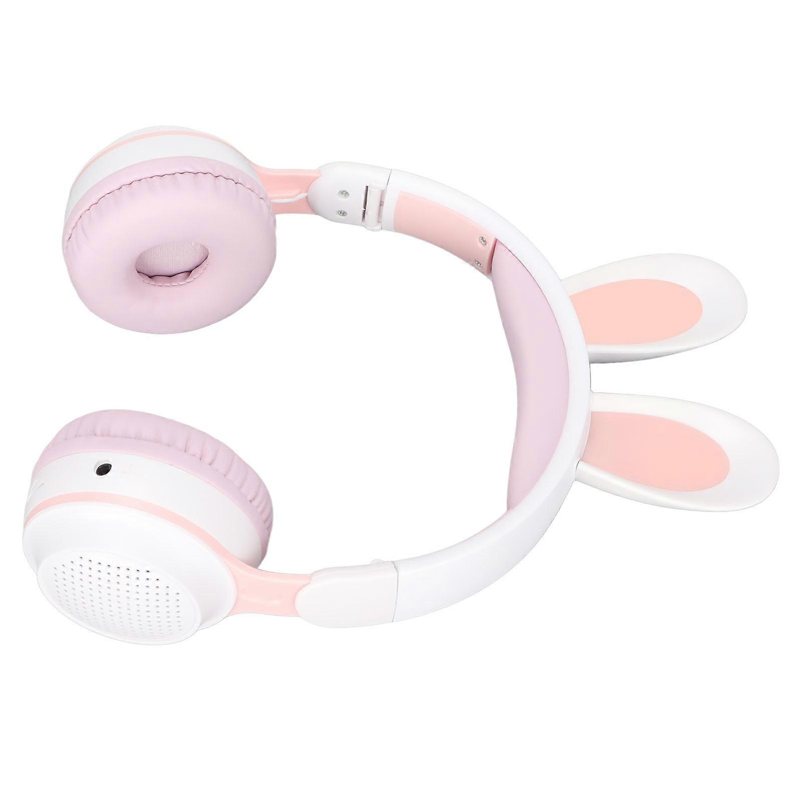 Rabbit Ear Bluetooth 5.0 Headphones Folding Kids Wireless Headset with LED Color Light for PC Tablet Online LearningWhite Pink 