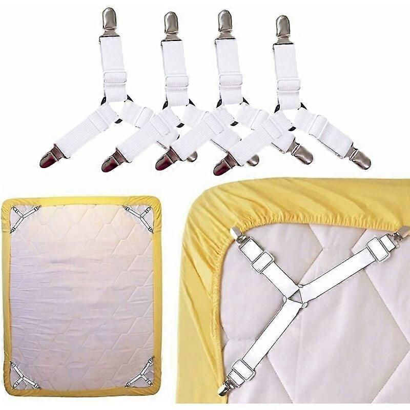 4 Pack White Bed Sheet Holder Straps, 3 Way Adjustable Sheet Band Clips, Suspenders, Triangular Elastic Mattress Sheet Holder Clips for Holding Sheets
