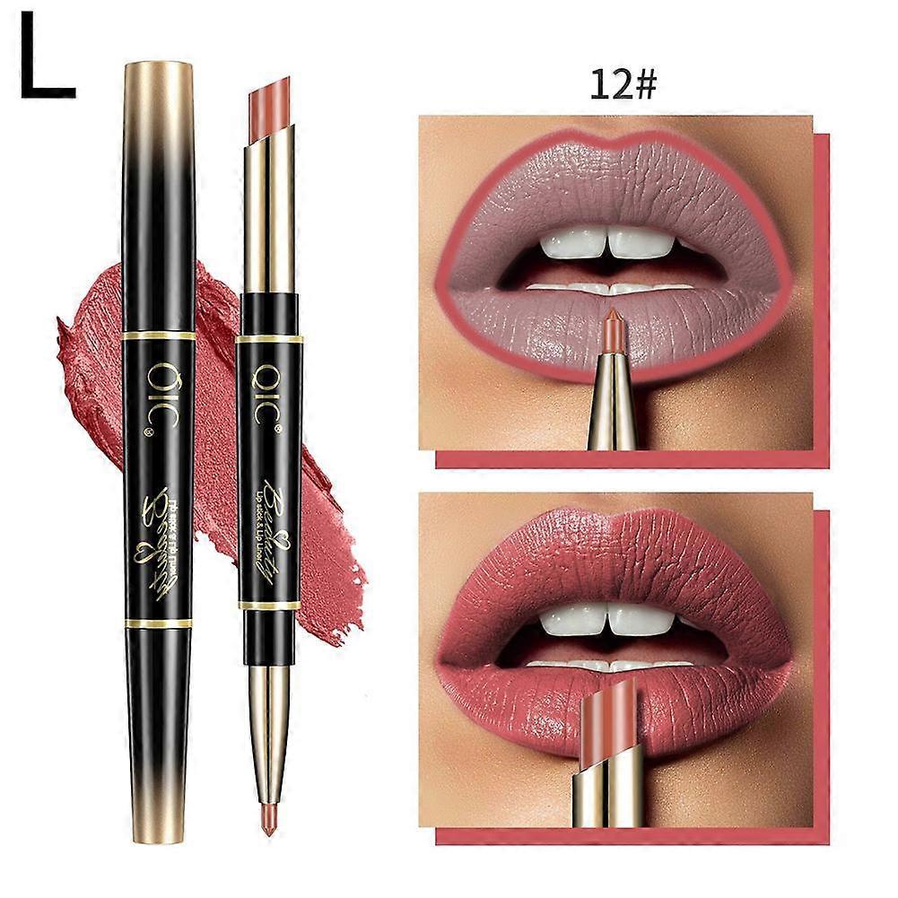 No. 12 Nude Beige (L) $QIC double-ended lipstick lip liner two-in-one matte matte waterproof non-fading non-stick lipstick makeup