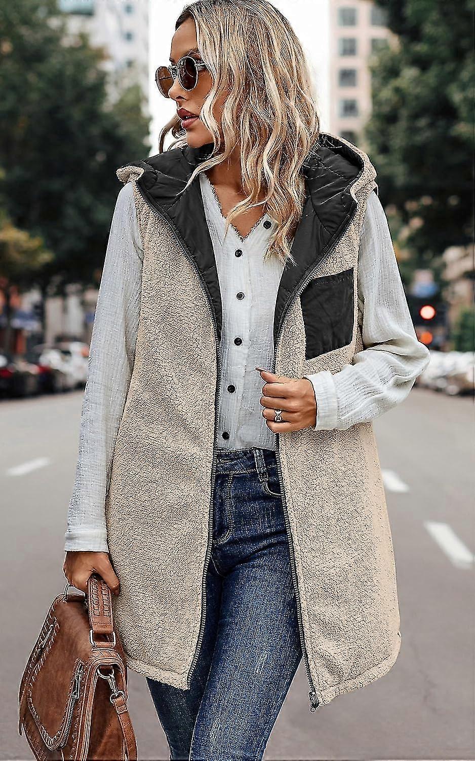 سترة نسائية طويلة منتفخة: سترة صوف قابلة للانعكاس 2023 معطف شتوي دافئ بلا أكمام مع جيوب- YuJia