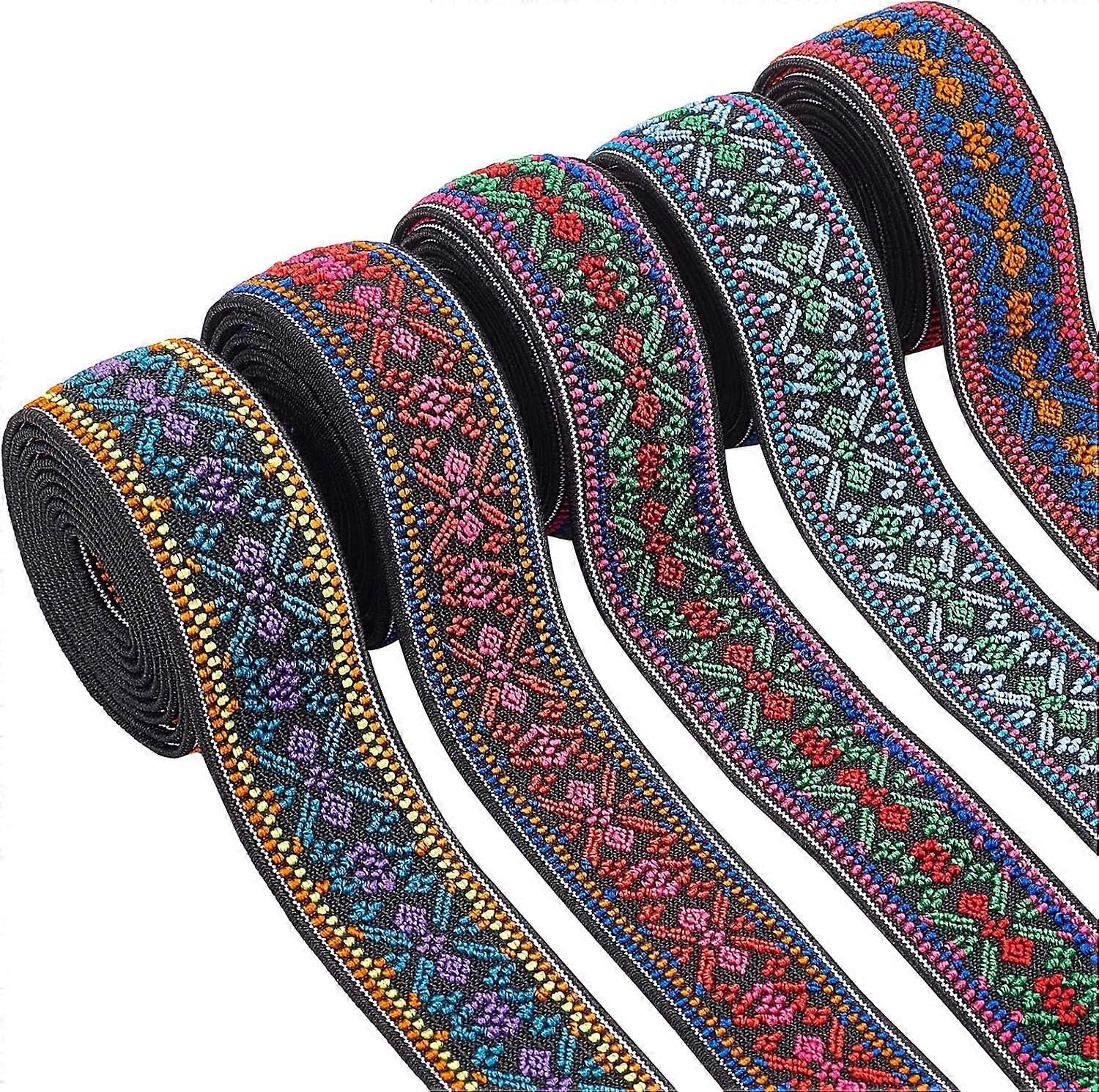 5 Yards Elastic Woven Jacquard Ribbon 5 Colors Boho Jacquard Elastic Band 1" Ethnic Ribbon Sewing Embroidered Woven Ribbon for DIY Craft Accessories E