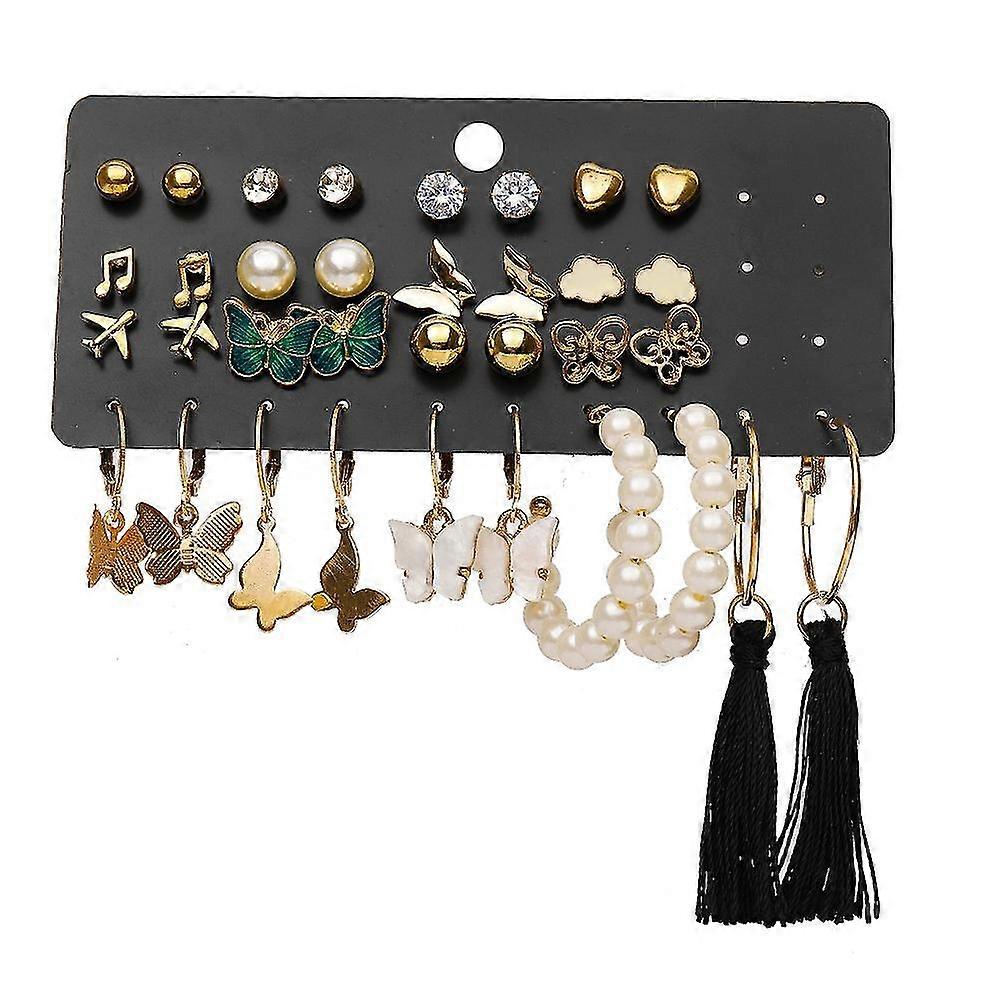17 Pair Set Retro Imitation Pearls Butterfly Tassel Earrings Heart Rhinestone