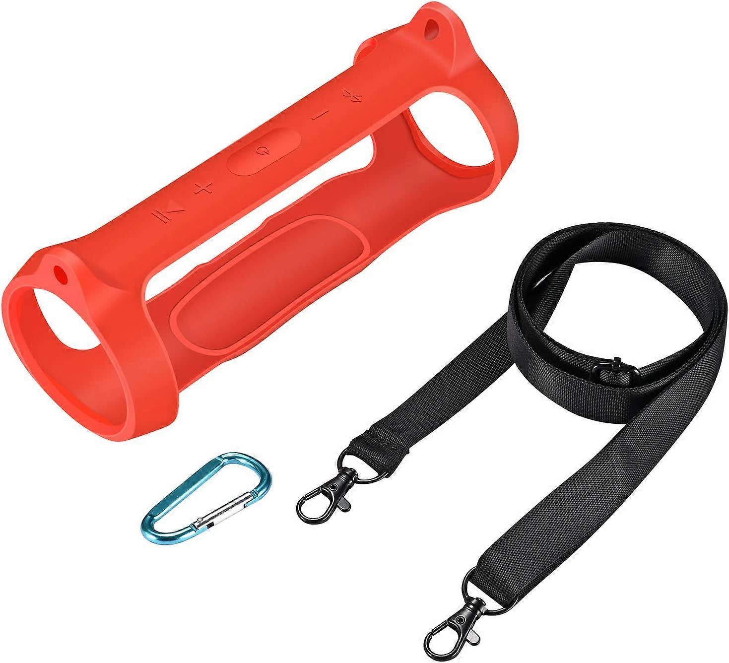 Silicone Case for JBL Essential Bluetooth Speaker with Shoulder Strap and Carabiner (Red)
