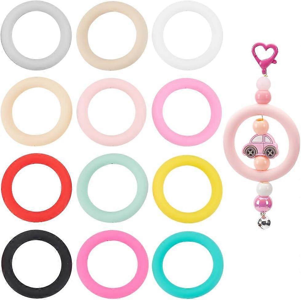12pcs 64mm Silicone Beadable Ring 12 Colors Silicone Beads O Ring Round Silicone Loop with 2 Hole Focal Frame Silicone Bead Frames for DIY Keychain Je