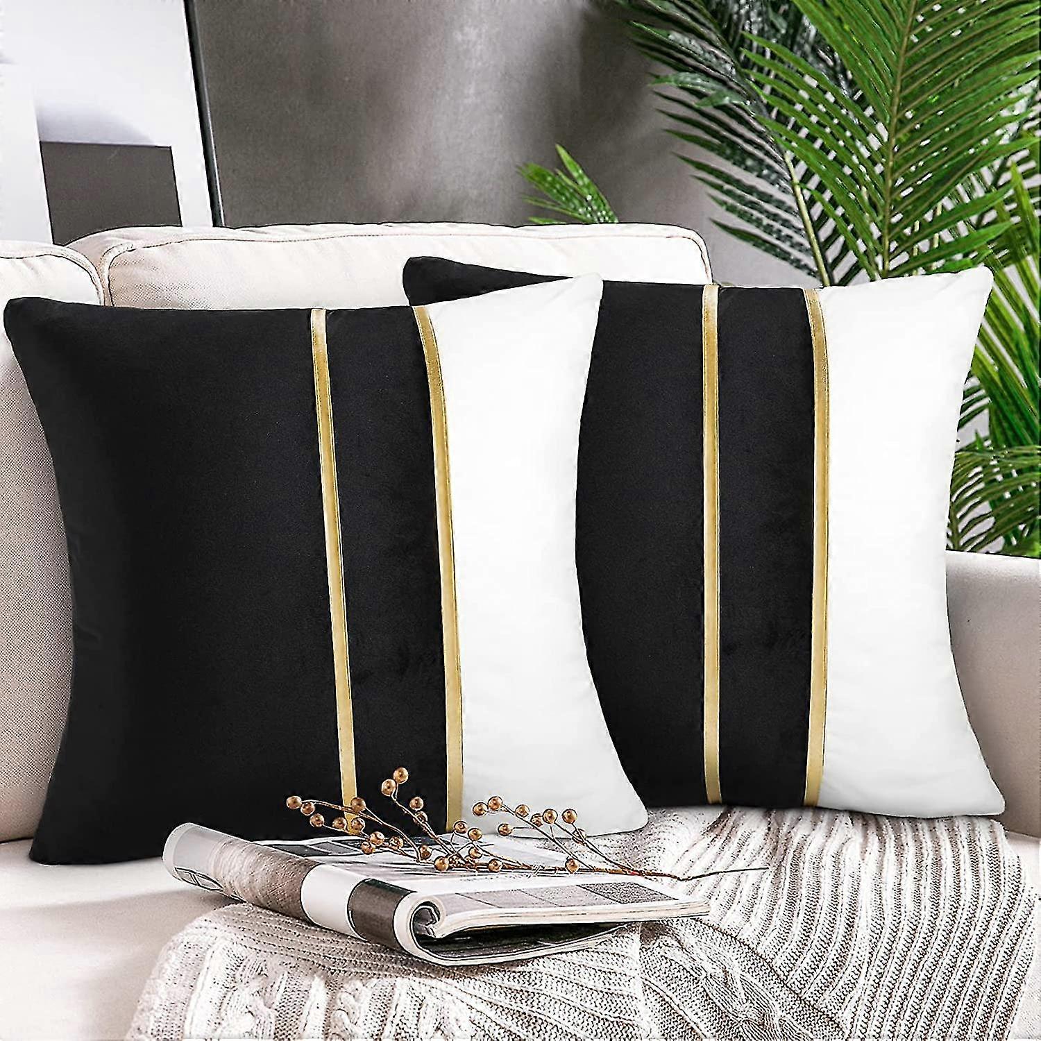 2 Pack Cushion Cover Sofa Black Patchwork Stripes Square