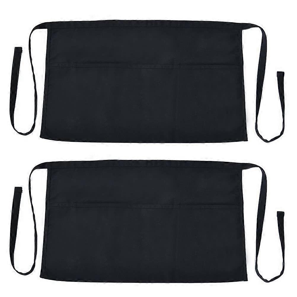 Pack of 2 Waist Aprons, Black, Half Apron, Unisex Waiter's Apron with 3 Pockets, Short Cooking Apron for Chef, Waiter, Baker