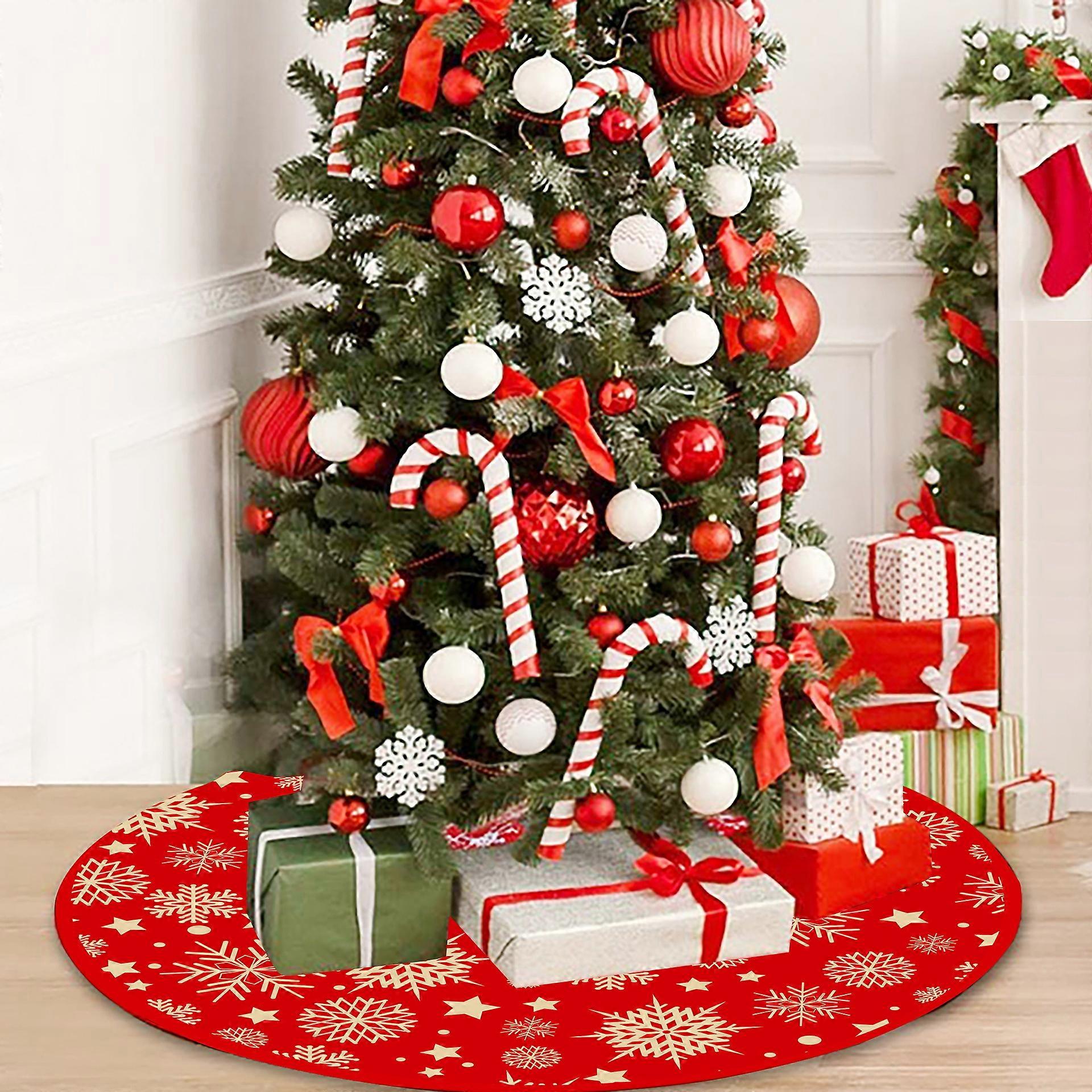 Red knitted Christmas tree dress with snowflakes and reindeer for holiday party decoration indoor and outdoor(Christmas tree skirt only)