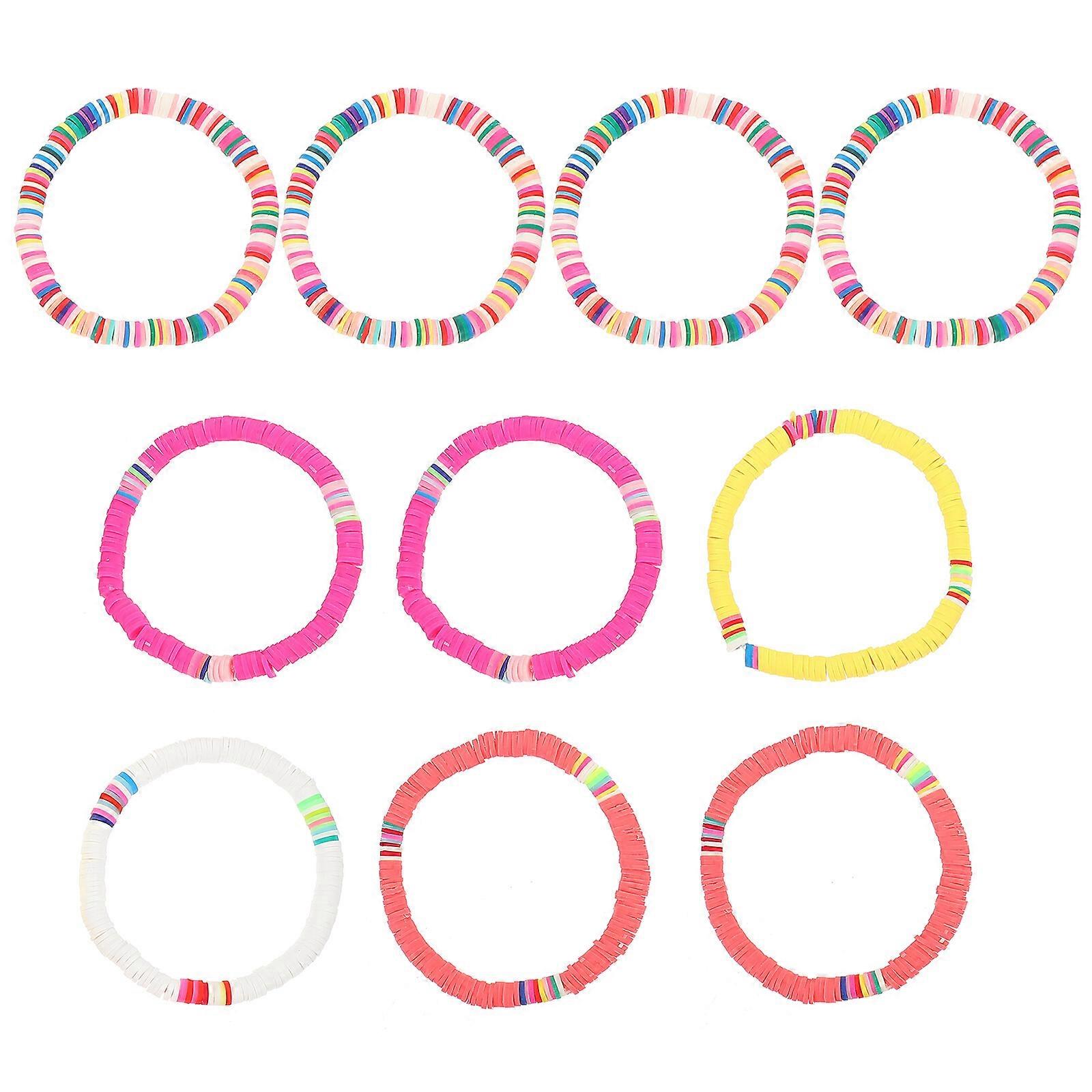 10pcs 6mm Bohemian Bracelets Colorful Polymer Clay Hand Ropes Beach Elastic Rope Bracelets(Assorted Designs)