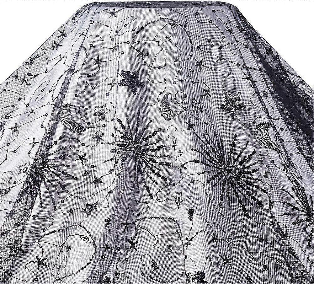 49.2inch/1.36yard Wide Black Embroideries Tulle Mesh Sparkle Sequins Stars Lace Fabric Polyester Mesh Fabrics Embroidery Mesh Lace Fabric for DIY Sewi