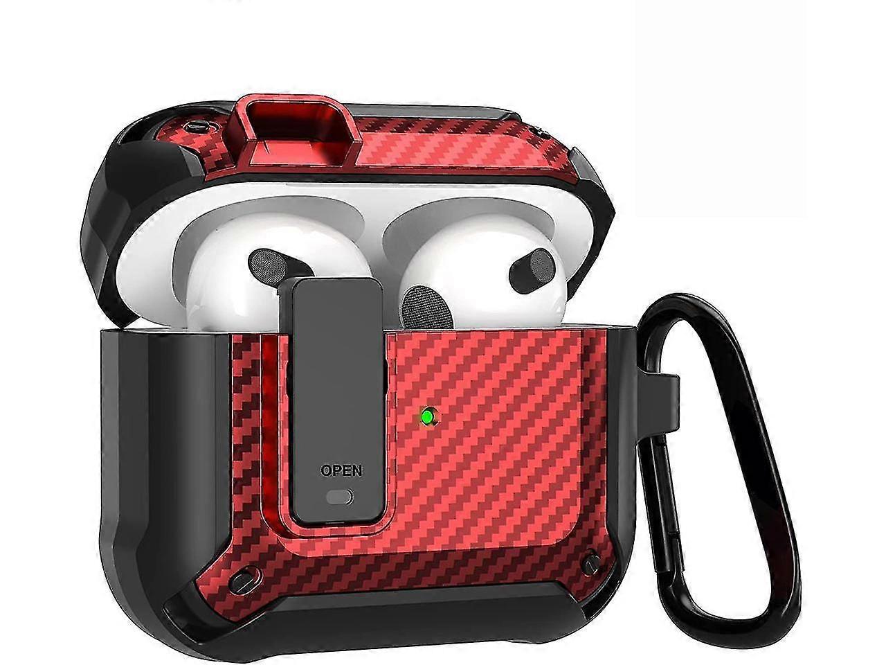 Compatible Airpods 3rd Generation Case With Lock Clip, Carbon Fiber Hard Shell Airpods 3 Case Cover With Keychain For Men Women Cool Shockproof Protec