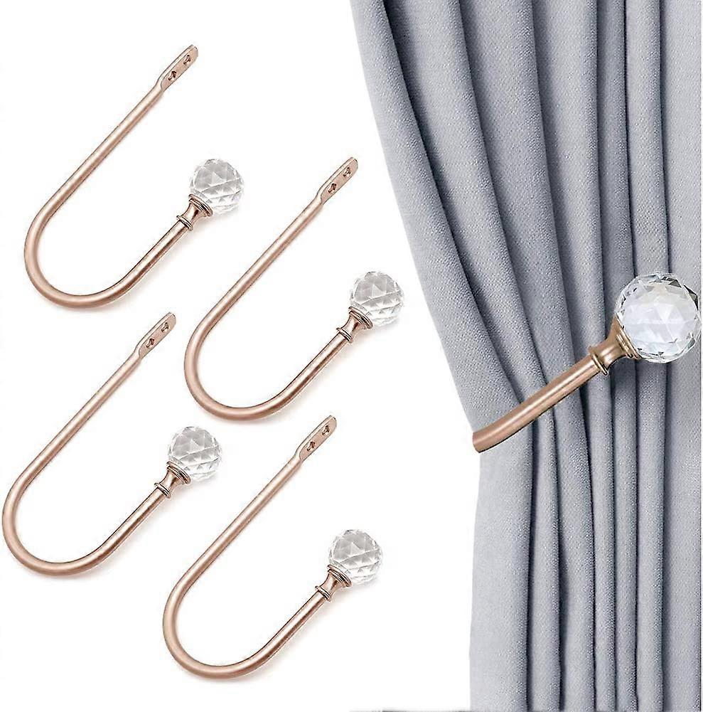 Set of 4 U Shaped Curtain Holdbacks with Clear Crystal Ball - For Wall Decor - Rose Gold