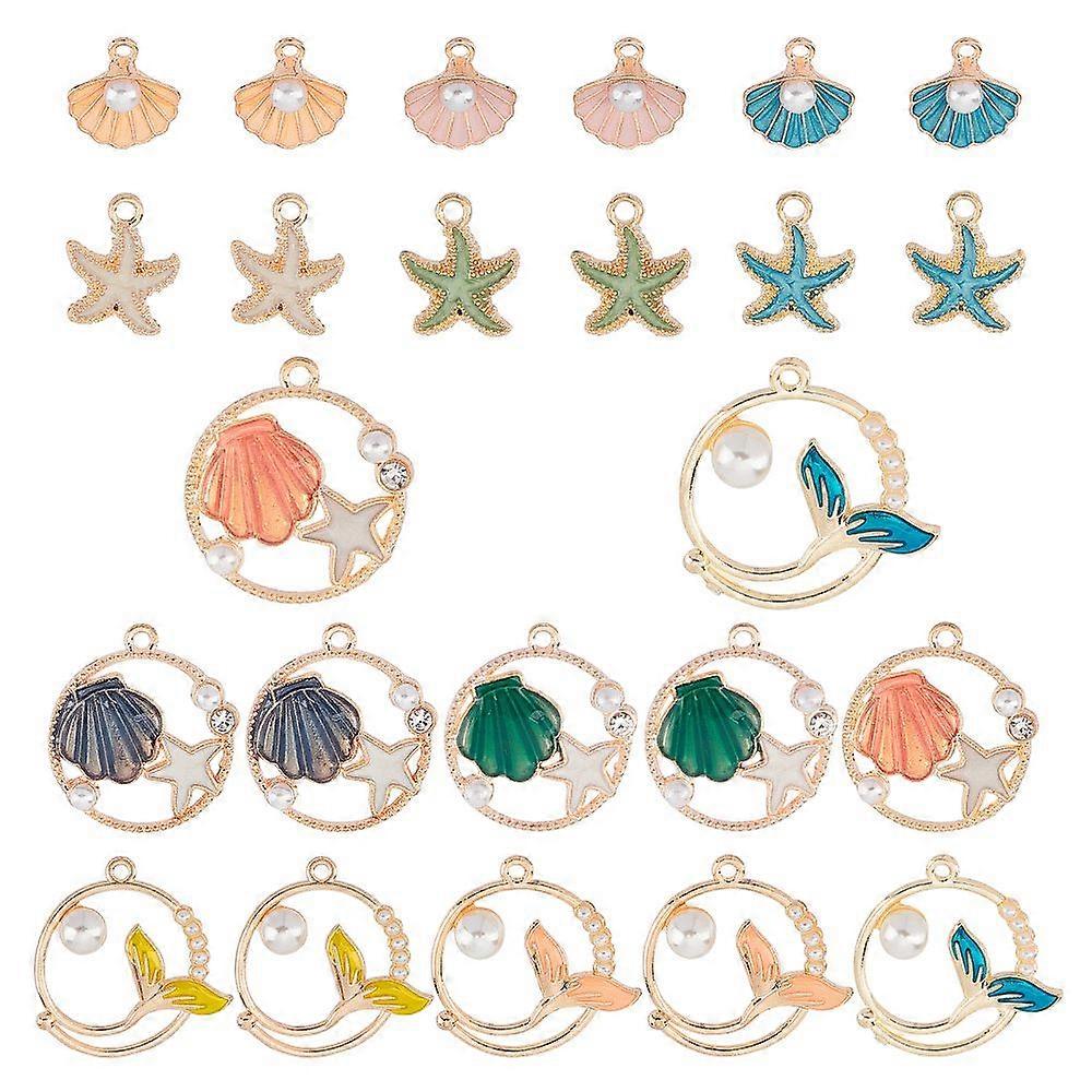 24Pcs 4 Style Zinc Alloy Enamel Pendants with ABS Plastic Imitation Pearl Mixed Shapes Mixed Color 15.5~28x14.5~29x3~7.5mm Hole: 1.8~2.5mm 6pcs/style