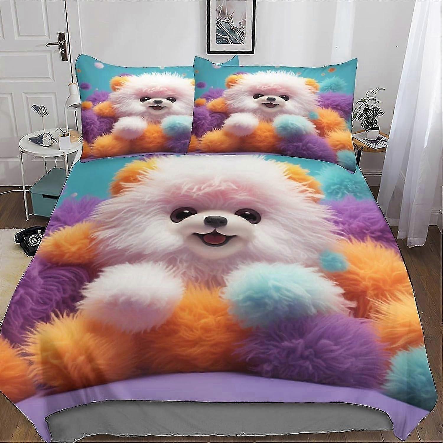 Conjunto de Cama J3748 para Cães Fofos - 3 Peças Capa de Edredom com Impressão 3D, Capa de Colcha Ultra Macia para Presentes Infantis em Microfibra, Zíper, com P