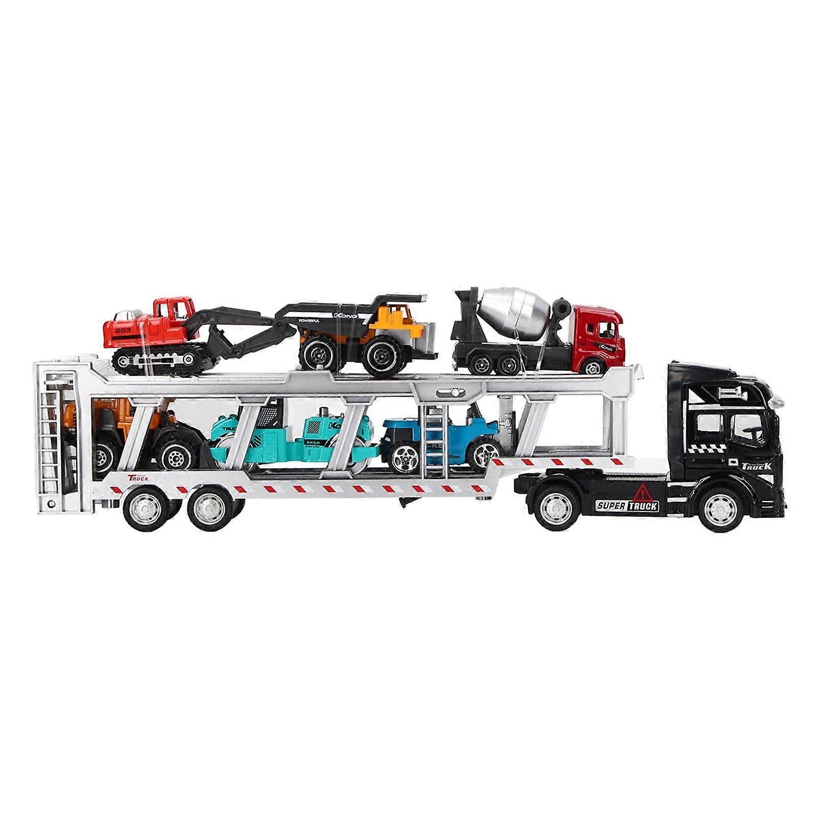 7 in 1 Transport Truck Toy Alloy Pull Back Function Carrier Truck Model Toy with 6 Small Engineering Vehicles 12.6in Black, with Modern Engineering Ve