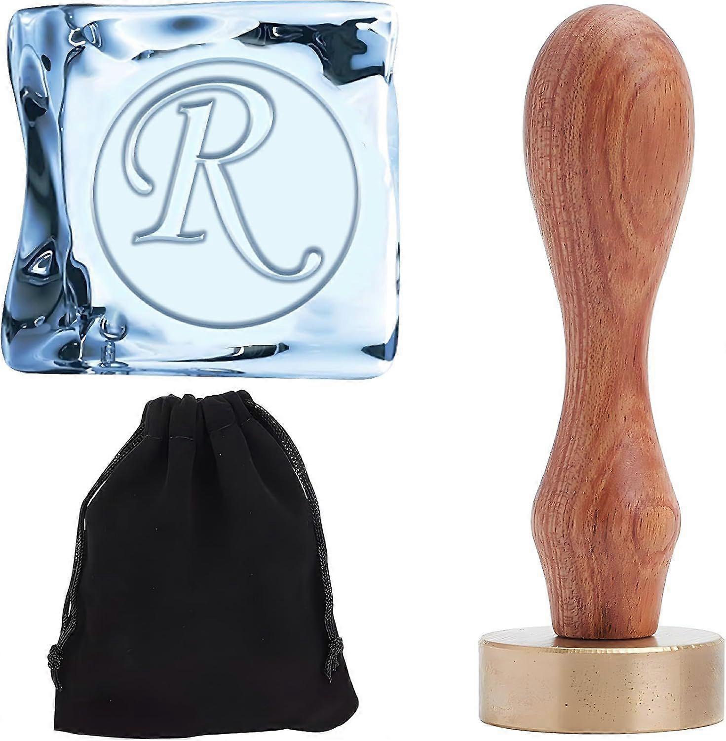 Letter R Ice Stamp 1.2" Ice Press Stamps Branding Ice Cube Stamp with Vintage Wooden Handle Removable Brass Head Replacement for Party Event Holiday C