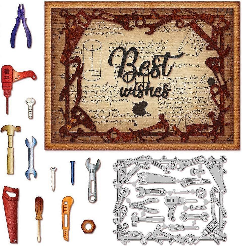 Tool Theme Cut Dies Hardware Tools Metal Cutting Dies Repair Tool Background Frame Carbon Steel Stencil DIY Tool Parts Die Cuts for Card Making Scrapb